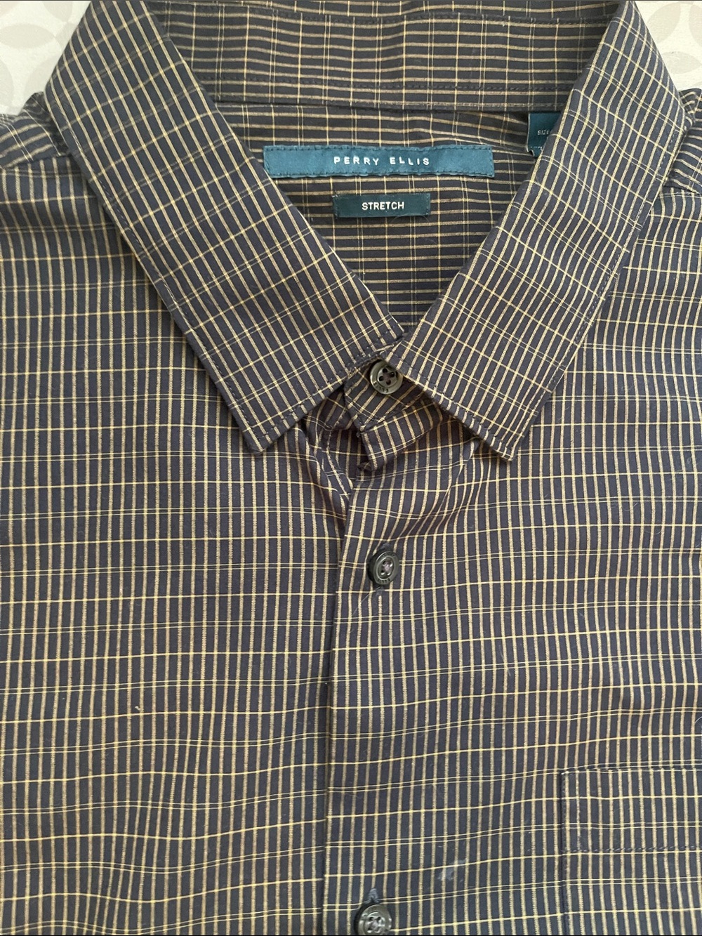 Perry Ellis Navy and Tan Grid Stretch Button-Down Shirt